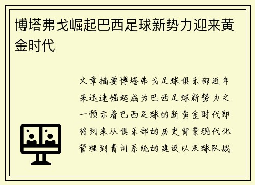 博塔弗戈崛起巴西足球新势力迎来黄金时代
