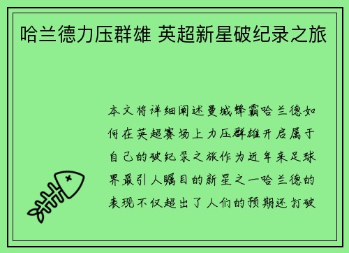 哈兰德力压群雄 英超新星破纪录之旅