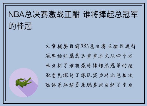 NBA总决赛激战正酣 谁将捧起总冠军的桂冠