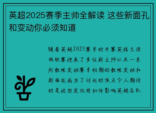 英超2025赛季主帅全解读 这些新面孔和变动你必须知道